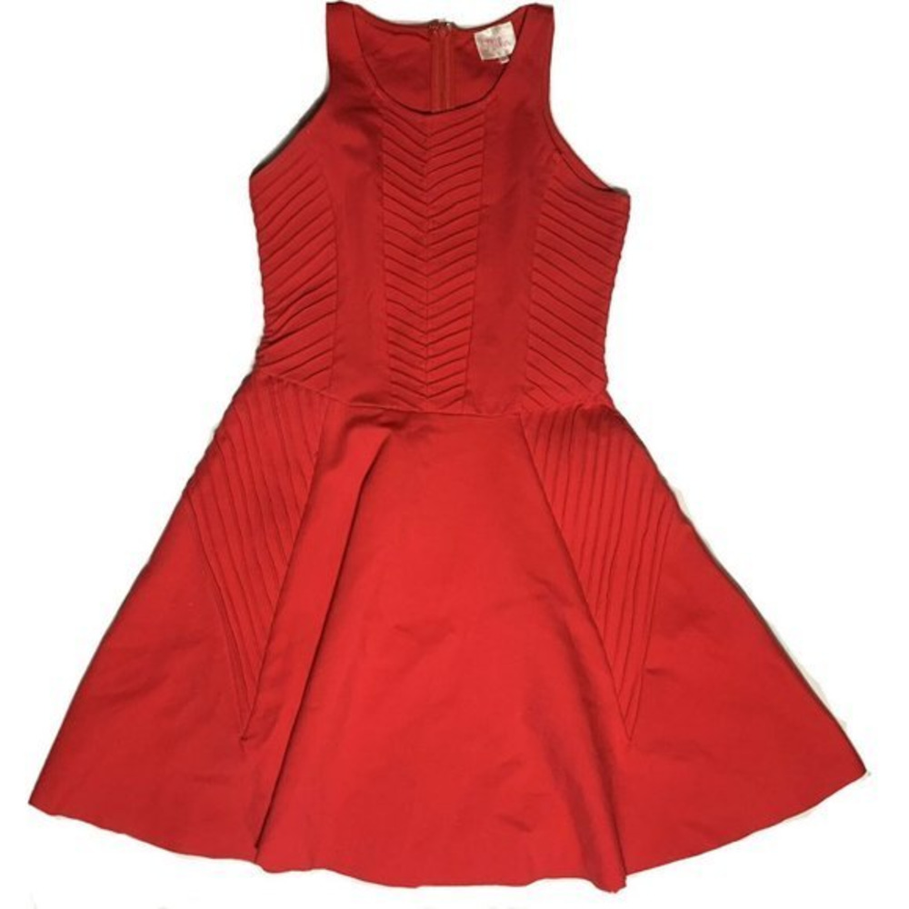 PARKER Fay Red Pintucked Ponte Knit Fit and Flare Mini Skater‎ Dress, Juniors XS